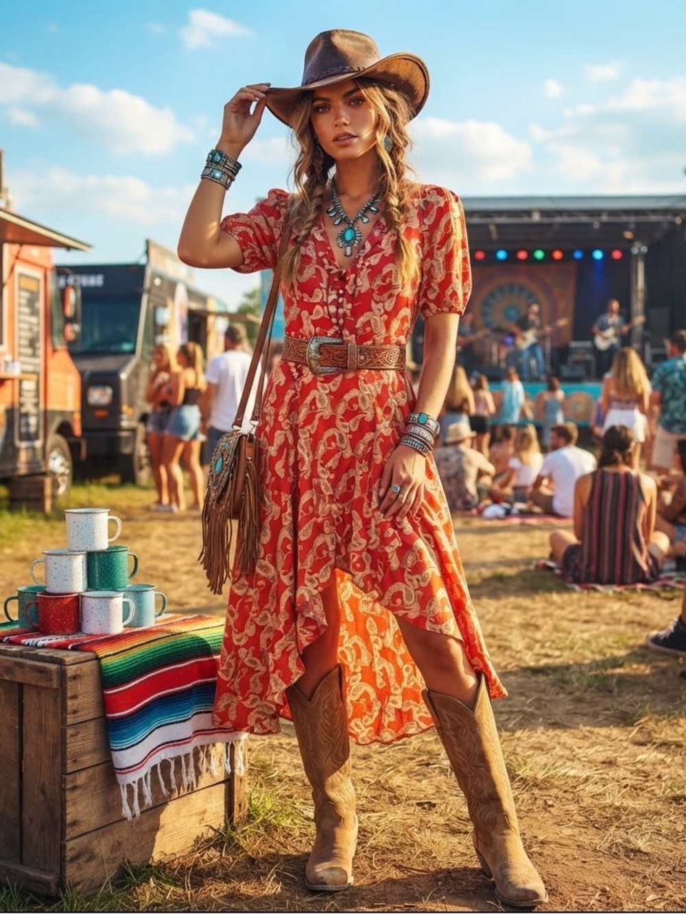 MELLODAY V-Neck Short Sleeve Paisley Print Midi Dress In Red Cream
